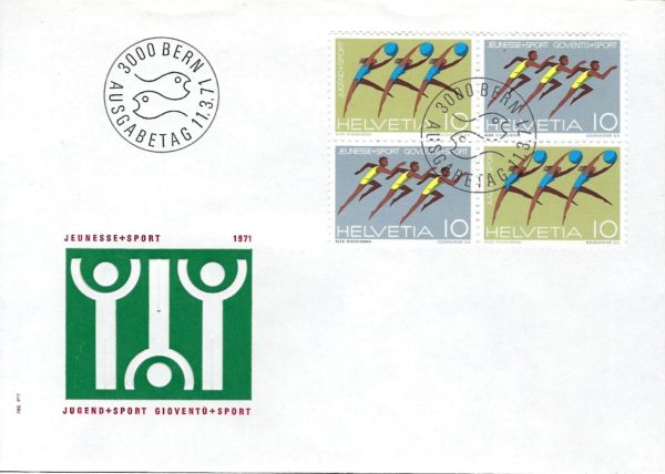 FDC Svizzera 1971 Jeunesse + Sport – blocco francobolli Helvetia con timbro Bern FDC Svizzera 1971 Jeunesse + Sport – blocco francobolli Helvetia con timbro Bern