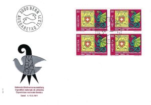 FDC Svizzera 1971 NABA Basilea – blocco francobolli Helvetia 30c con timbro Bern