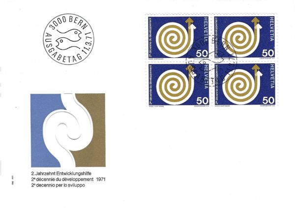 FDC Svizzera 1971 – 2° decennio per lo sviluppo – blocco francobolli Helvetia 50c con timbro Bern