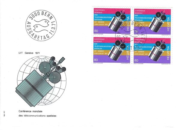FDC Svizzera 1971 UIT Ginevra – Telecomunicazioni spaziali – blocco francobolli Helvetia 80c