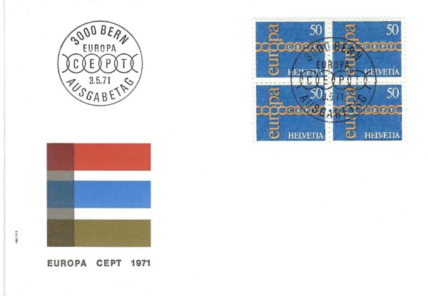 Busta Primo Giorno FDC Svizzera 1971 CEPT Europa con francobolli Helvetia 50c blocco da 4