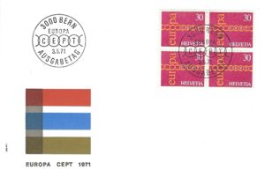 Busta Primo Giorno FDC Svizzera 1971 CEPT Europa con francobolli Helvetia 30c blocco da 4