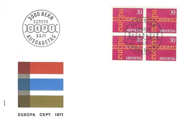 Busta Primo Giorno FDC Svizzera 1971 CEPT Europa con francobolli Helvetia 30c blocco da 4