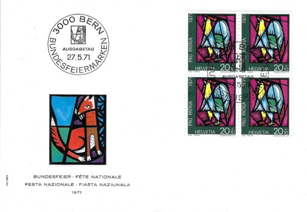 Busta Primo Giorno FDC Svizzera 1971 Pro Patria Helvetia 20+10 blocco da 4