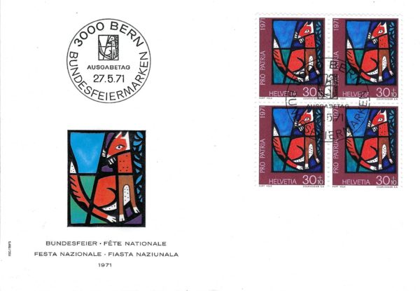 Busta Primo Giorno FDC Svizzera 1971 Pro Patria Helvetia 30+10 blocco da 4