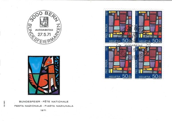 Busta Primo Giorno FDC Svizzera 1971 Pro Patria Helvetia 50+20 blocco da 4