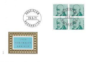 Busta Primo Giorno FDC Svizzera 1971 Portraits Effigie Helvetia 20c blocco da 4