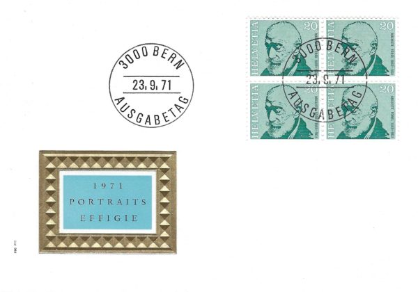 Busta Primo Giorno FDC Svizzera 1971 Portraits Effigie Helvetia 20c blocco da 4