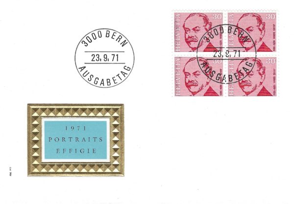 Busta Primo Giorno FDC Svizzera 1971 Portraits Effigie Helvetia 30c blocco da 4