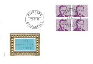 Busta Primo Giorno FDC Svizzera 1971 Portraits Effigie Helvetia 80c blocco da 4