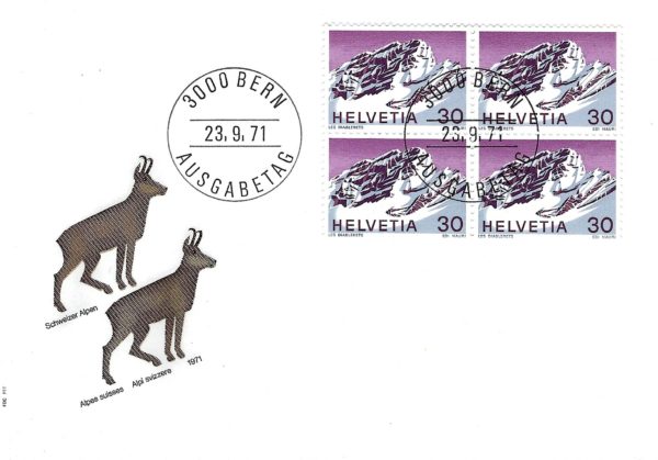 FDC Svizzera 1971 – Les Diablerets – blocco da 4 Busta FDC Svizzera 1971 Les Diablerets blocco da 4 Alpi Svizzere