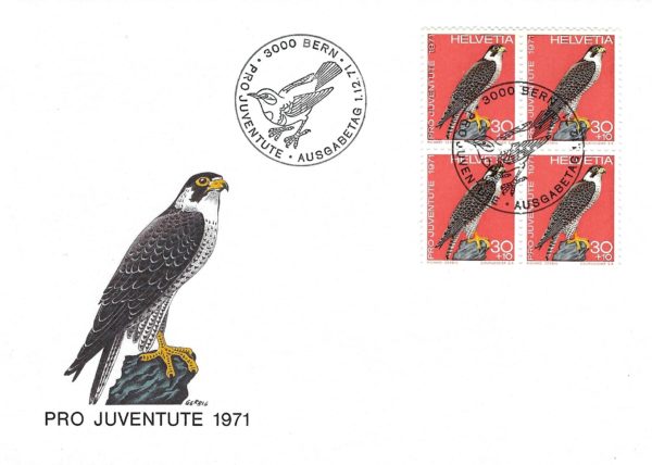 FDC Pro Juventute 1971 – falco pellegrino – blocco 4 FDC Pro Juventute 1971 falco pellegrino blocco 4 francobolli