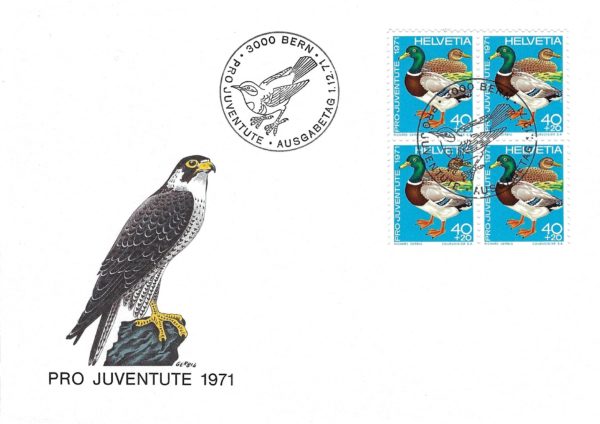 FDC Pro Juventute 1971 anatra selvatica blocco da 4 francobolli