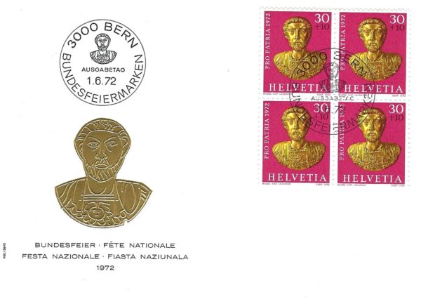 Busta Primo Giorno FDC Svizzera 1972 Pro Patria blocco 4 francobolli 30+10