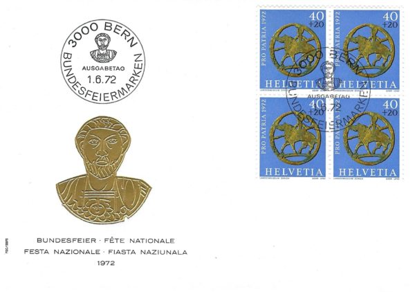 Busta Primo Giorno FDC Svizzera 1972 Pro Patria blocco 4 francobolli 40+20