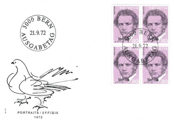 Busta Primo Giorno Svizzera 1972 – Portraits blocco 4 valore 80 FDC Svizzera 1972 blocco 4 francobolli Portraits valore 80