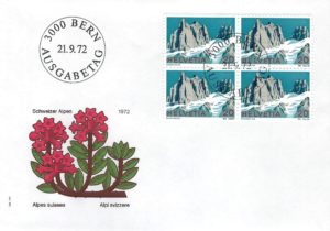 FDC Svizzera 1972 – Blocco 4 “Alpi Svizzere” Busta Primo Giorno FDC Svizzera 1972 blocco 4 francobolli Alpi Svizzere