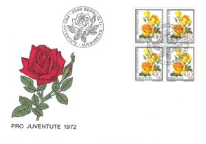 FDC Svizzera 1972 Pro Juventute Rose gialle blocco 4