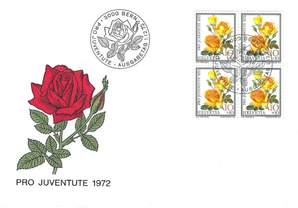FDC Svizzera 1972 Pro Juventute Rose gialle blocco 4