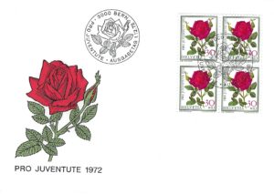 FDC Pro Juventute 1972 Svizzera con blocco francobolli Rosa rossa