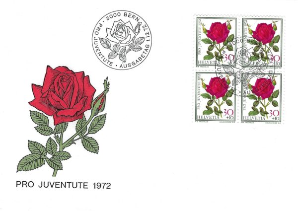 FDC Pro Juventute 1972 Svizzera con blocco francobolli Rosa rossa