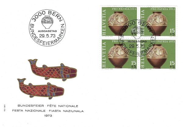 FDC Svizzera 1973 Pro Patria – vaso ornamentale FDC Svizzera 1973 Pro Patria con blocco da 4 francobolli vaso ornamentale