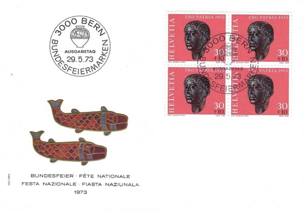 FDC Svizzera 1973 Pro Patria – testa bronzea FDC Svizzera 1973 Pro Patria con blocco da 4 francobolli testa bronzea