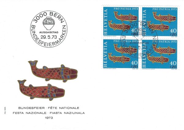 FDC Svizzera 1973 Pro Patria blocco da 4 francobolli pesci smaltati