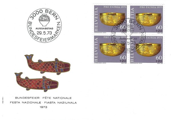 FDC Svizzera 1973 Pro Patria blocco da 4 francobolli ciotola d’oro