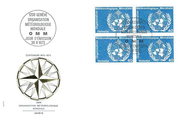 Busta primo giorno OMM 1973 – Centenario Ginevra Busta primo giorno 1973 Organisation Météorologique Mondiale Ginevra Svizzera