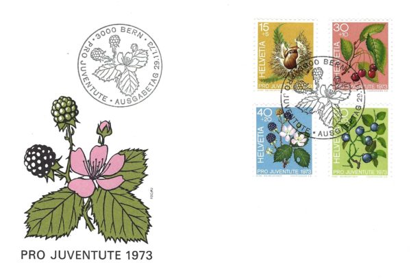 Busta primo giorno Pro Juventute 1973 Svizzera serie frutti e fiori