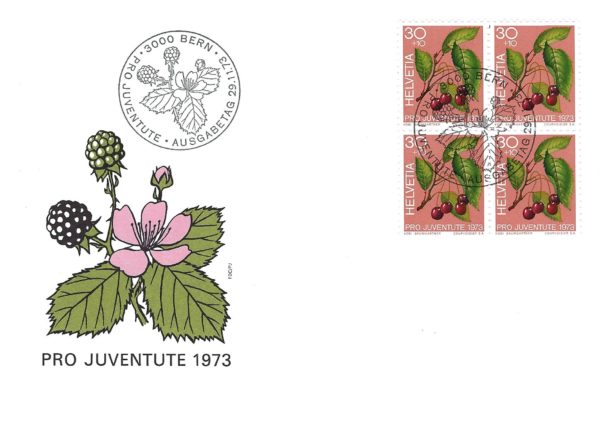 Busta primo giorno Pro Juventute 1973 Svizzera Ciliegie Busta primo giorno Pro Juventute 1973 Svizzera francobolli 30+10 cts Ciliegie