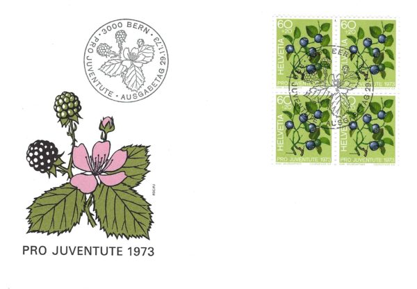 Busta primo giorno Pro Juventute 1973 Svizzera francobolli 60+20 cts Mirtilli