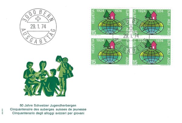 Busta primo giorno Svizzera 1974 francobolli 15c Ostelli della Gioventù