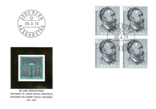Busta primo giorno Svizzera 1974 Heinrich von Stephan Busta primo giorno Svizzera 1974 Heinrich von Stephan Centenario UPU
