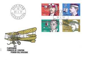 Testo alternativo: “Set francobolli Svizzera 1977 Pionieri dell’Aviazione”