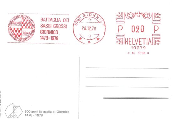 Cartolina speciale con obliterazione Giornico 1978 – 500 anni Battaglia dei Sassi Grossi Cartolina speciale Giornico 1978 – Battaglia dei Sassi Grossi