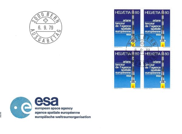 FDC Svizzera 1979 ESA Ariane con blocco da quattro francobolli da 80 c