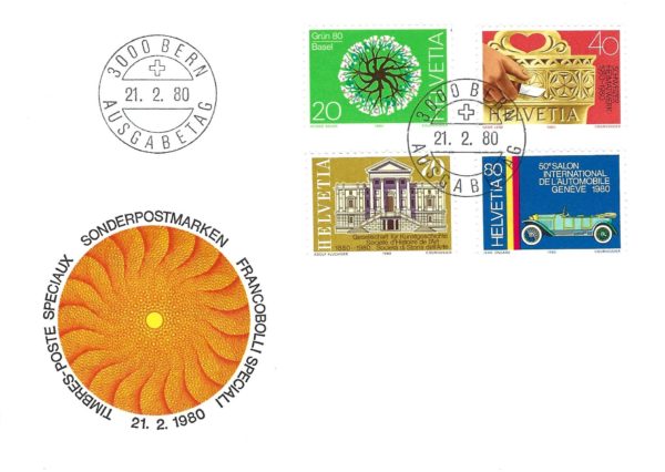 Busta Primo Giorno Svizzera 1980 – Francobolli Speciali Busta Primo Giorno Svizzera 1980 con serie francobolli speciali e annullo Bern.