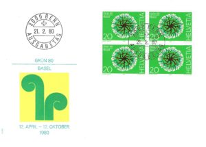 Busta Primo Giorno Svizzera 1980 con quartina Grün 80 Basel e timbro Bern.