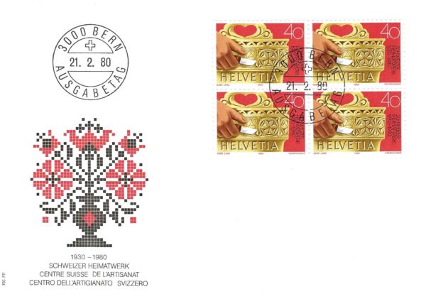 Busta Primo Giorno Svizzera 1980 – Heimatwerk Quartina Busta Primo Giorno Svizzera 1980 con quartina Heimatwerk da 40 centesimi.