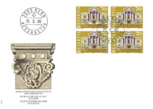 Busta Primo Giorno Svizzera 1980 con quartina Storia dell’Arte da 70 centesimi.