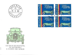 Busta Primo Giorno Svizzera 1980 con quartina del 50° Salone dell’Automobile.