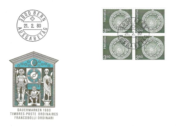 Busta Primo Giorno Svizzera 1980 con quartina francobollo Dauermarken 3.50.