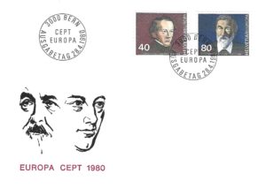 Busta Primo Giorno Svizzera 1980 con emissione Europa CEPT e ritratti Kern e Hasler.