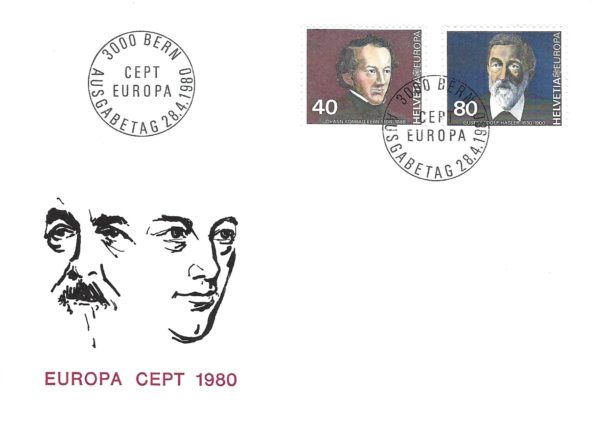 Busta Primo Giorno Svizzera 1980 con emissione Europa CEPT e ritratti Kern e Hasler.