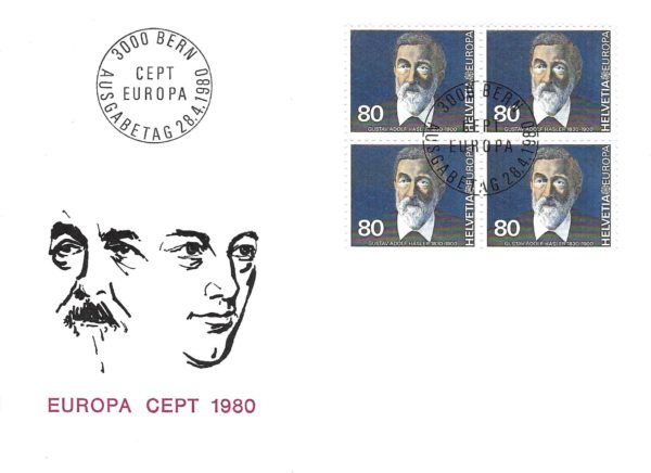 Busta Primo Giorno Svizzera 1980 – Europa CEPT Hasler Quartina Busta Primo Giorno Svizzera 1980 con quartina CEPT Hasler da 80 centesimi.