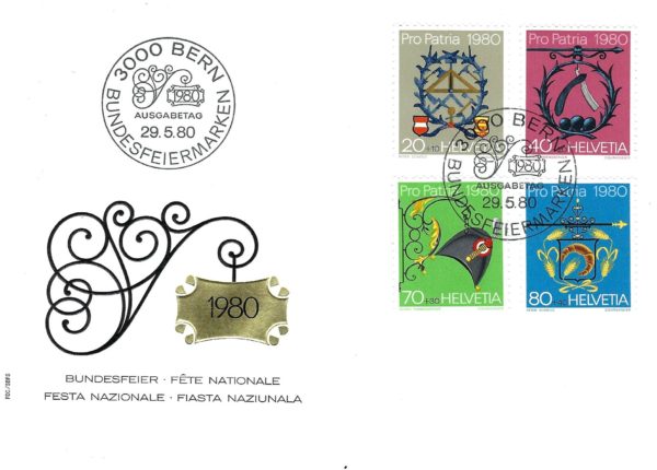 Busta Primo Giorno Svizzera 1980 – Pro Patria Serie Completa Busta Primo Giorno Svizzera 1980 con serie completa Pro Patria.