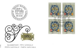 Busta Primo Giorno Svizzera 1980 – Pro Patria 20+10 FDC Busta Primo Giorno Svizzera 1980 con blocco Pro Patria 20+10.