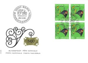 Busta Primo Giorno Svizzera 1980 con francobolli Pro Patria 70+30.